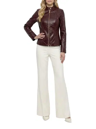 Gorski Women's Select Nappa Leather Croco Embossed Zip Jacket - Burgundy - Size Medium | Thumbnail 5