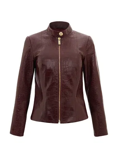 Gorski Women's Select Nappa Leather Croco Embossed Zip Jacket - Burgundy - Size Medium | Thumbnail 1