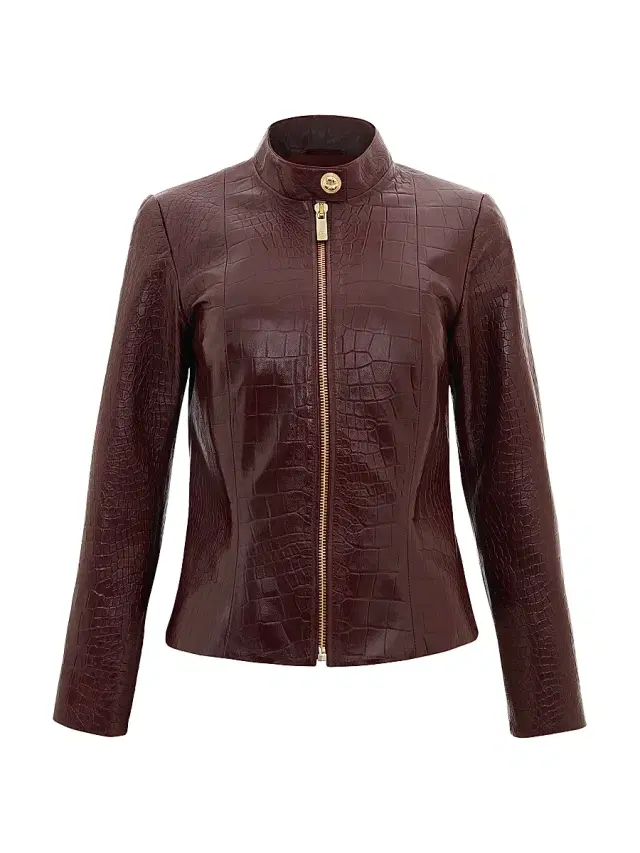 Gorski Women's Select Nappa Leather Croco Embossed Zip Jacket - Burgundy