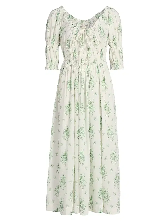 Women's Ischia Botanical Midi-Dress - Green Petit Bouquet Dechamon