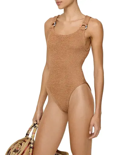 Burberry Women's x Hunza G Domino Check Ring One-Piece Swimsuit - Metallic Cocoa | Thumbnail 2