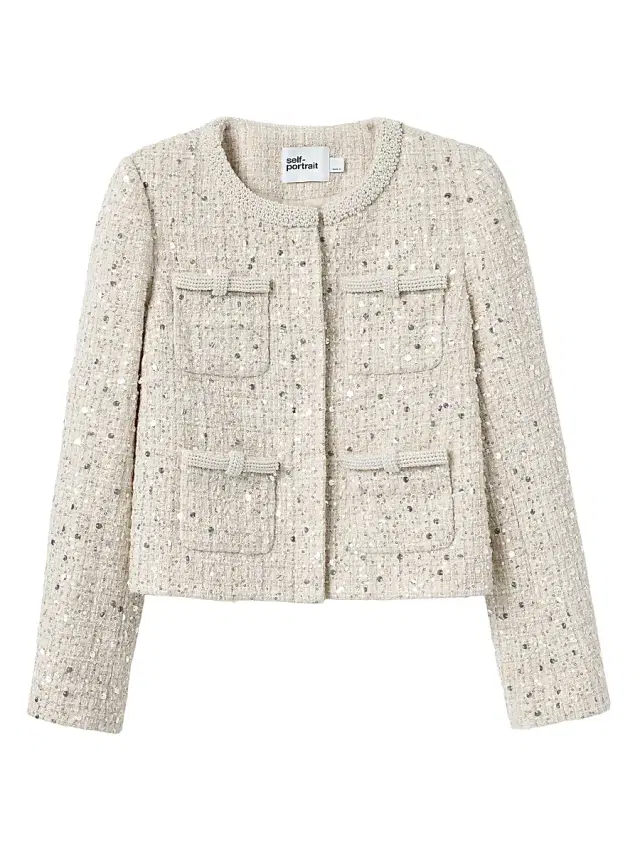 Self-Portrait Women's Embellished Bouclé Collarless Jacket - Cream