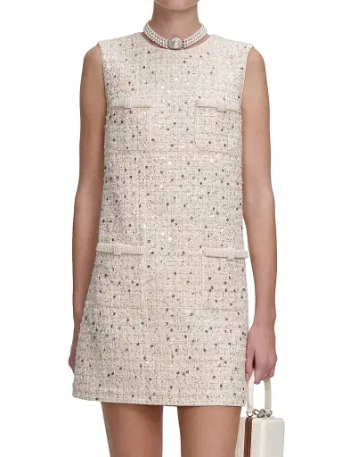 Self-Portrait Women's Embellished Bouclé Shift Minidress - Cream | Thumbnail 3 Self-Portrait Women's Embellished Bouclé Shift Minidress - Cream | Thumbnail 3