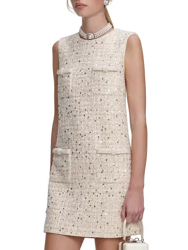 Self-Portrait Women's Embellished Bouclé Shift Minidress - Cream | Thumbnail 4 Self-Portrait Women's Embellished Bouclé Shift Minidress - Cream | Thumbnail 4