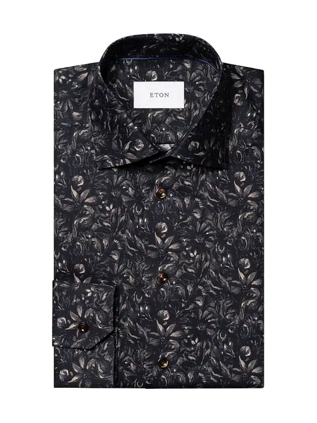 Men's Floral Slim-Fit Cotton Twill Shirt - Brown