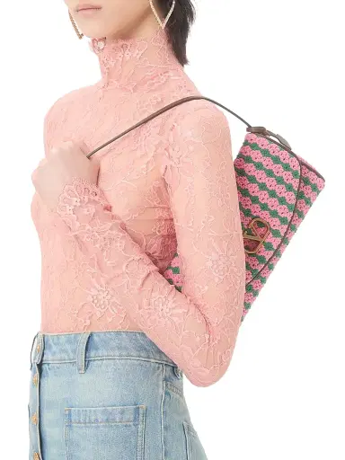 Valentino Garavani Women's Devain Shoulder Bag in Crochet Fabric - Pink Green | Thumbnail 3 Valentino Garavani Women's Devain Shoulder Bag in Crochet Fabric - Pink Green | Thumbnail 3