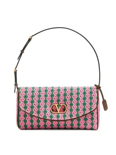 Valentino Garavani Women's Devain Shoulder Bag in Crochet Fabric - Pink Green | Thumbnail 1 Valentino Garavani Women's Devain Shoulder Bag in Crochet Fabric - Pink Green | Thumbnail 1