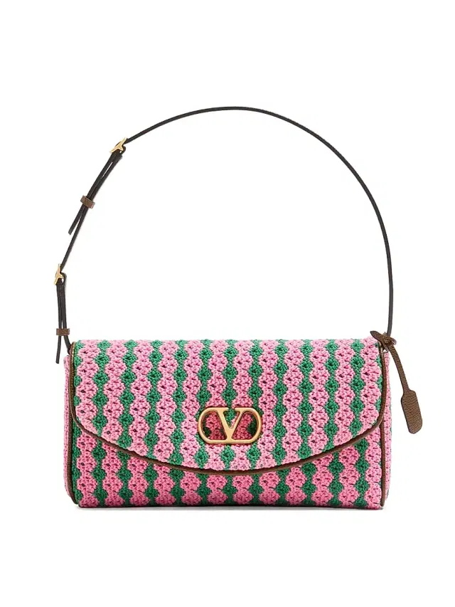 Valentino Garavani Women's Devain  Shoulder Bag in Crochet Fabric - Pink Green