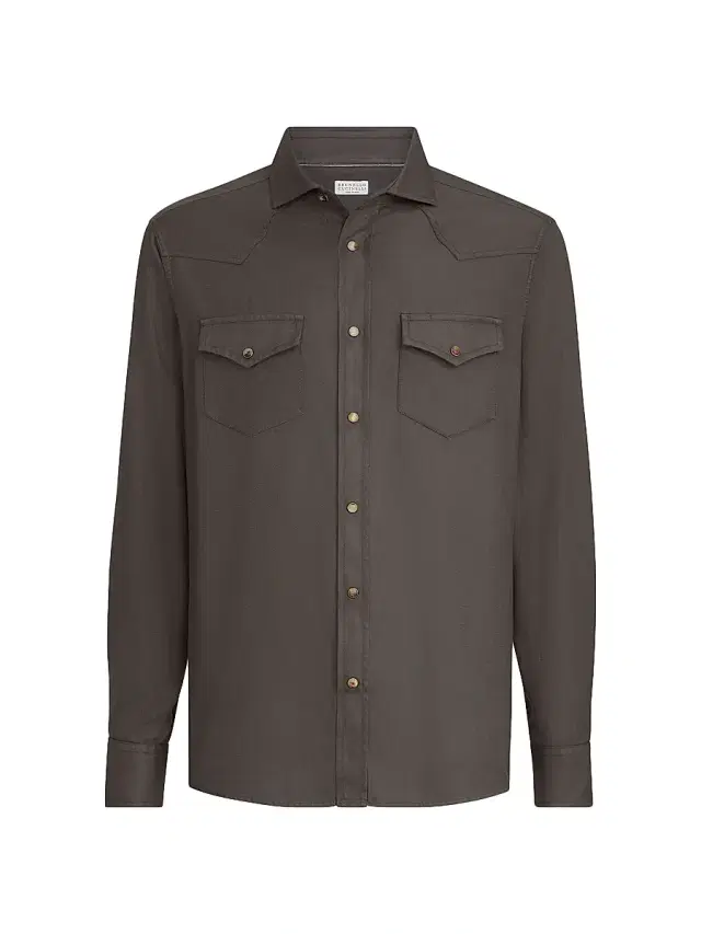 Brunello Cucinelli Men's Garment Dyed Easy Fit Western Shirt in Cotton Chevron - Brown