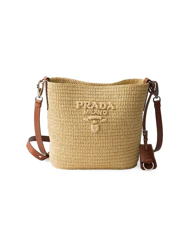 Women's  Crochet and Leather Bucket Bag - Beige Khaki