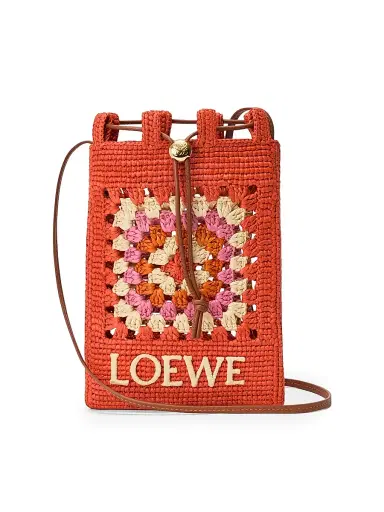 Loewe Women's x Paula's Ibiza Drawstring Crochet Raffia Pocket Pouch - Bright Orange Pink | Thumbnail 1 Loewe Women's x Paula's Ibiza Drawstring Crochet Raffia Pocket Pouch - Bright Orange Pink | Thumbnail 1