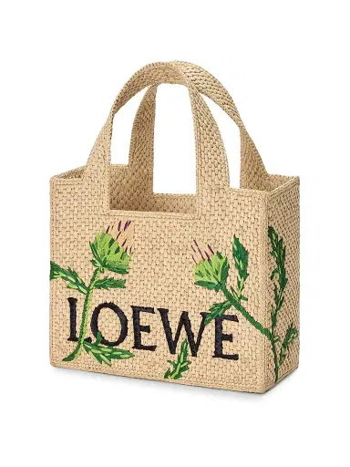 Loewe Women's x Paula's Ibiza Font Small Logo Raffia Tote Bag - Natural Green | Thumbnail 3
