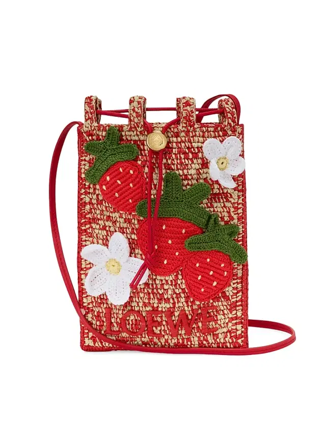 LOEWE Women's  x Paula's Ibiza Strawberry-Appliqué Raffia Drawstring Pouch - Multicolor Red