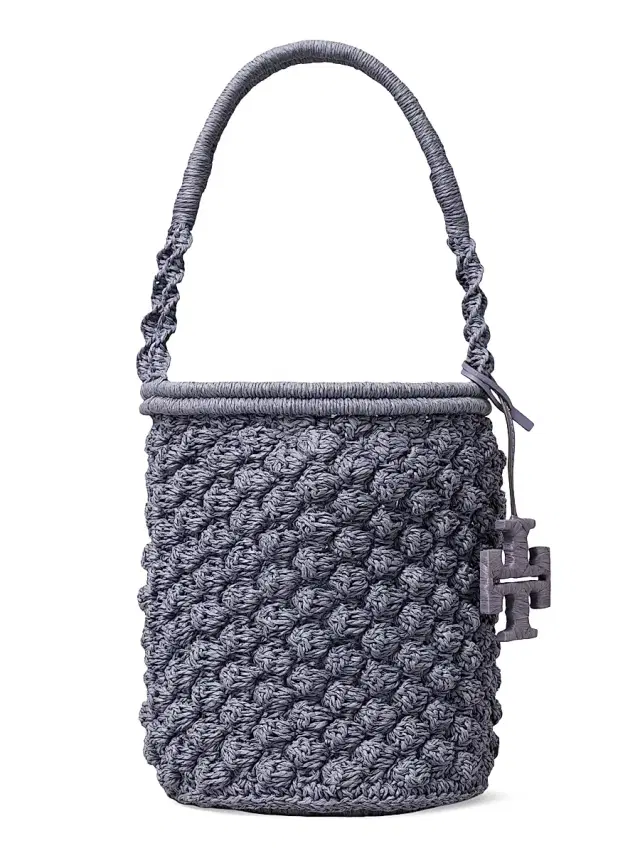 Tory Burch Women's Ella Hand-Crocheted Popcorn-Stitch Raffia Bucket Bag - Gray