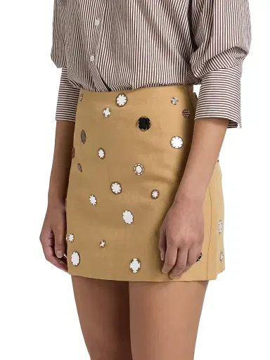 TANYA TAYLOR Women's Ari Mirror Embellished Linen-Blend Miniskirt - Dark Khaki - Size 14 | Thumbnail 4 TANYA TAYLOR Women's Ari Mirror Embellished Linen-Blend Miniskirt - Dark Khaki - Size 14 | Thumbnail 4