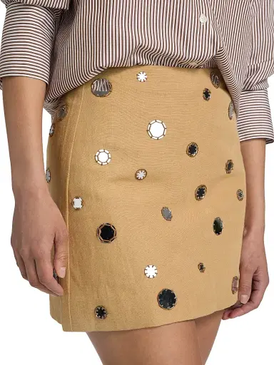 TANYA TAYLOR Women's Ari Mirror Embellished Linen-Blend Miniskirt - Dark Khaki - Size 14 | Thumbnail 6 TANYA TAYLOR Women's Ari Mirror Embellished Linen-Blend Miniskirt - Dark Khaki - Size 14 | Thumbnail 6