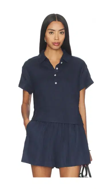 perfectwhitetee Linen 1/4 Button Down Collared Tee | Thumbnail 1
