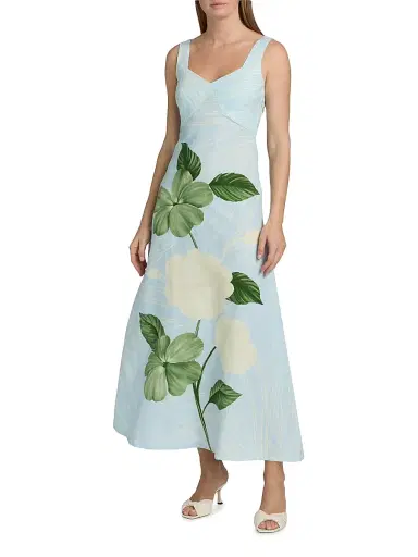 VERANDAH Women's Ammama Linen Floral Print Maxi Dress - Ice Blue Emerald Impatient - Size Large | Thumbnail 3
