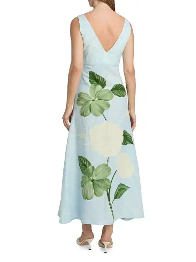 VERANDAH Women's Ammama Linen Floral Print Maxi Dress - Ice Blue Emerald Impatient - Size Large | Thumbnail 5