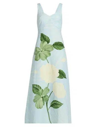 VERANDAH Women's Ammama Linen Floral Print Maxi Dress - Ice Blue Emerald Impatient - Size Large | Thumbnail 1