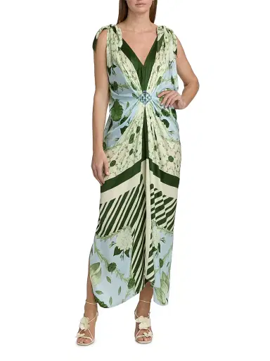 VERANDAH Women's Ammama Hand Knotted Drape Gown - Ice Blue And Emerald Lotus - Size Large | Thumbnail 2 VERANDAH Women's Ammama Hand Knotted Drape Gown - Ice Blue And Emerald Lotus - Size Large | Thumbnail 2