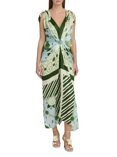 VERANDAH Women's Ammama Hand Knotted Drape Gown - Ice Blue And Emerald Lotus - Size Large | Thumbnail 3 VERANDAH Women's Ammama Hand Knotted Drape Gown - Ice Blue And Emerald Lotus - Size Large | Thumbnail 3