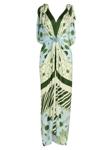 VERANDAH Women's Ammama Hand Knotted Drape Gown - Ice Blue And Emerald Lotus - Size Large | Thumbnail 1 VERANDAH Women's Ammama Hand Knotted Drape Gown - Ice Blue And Emerald Lotus - Size Large | Thumbnail 1