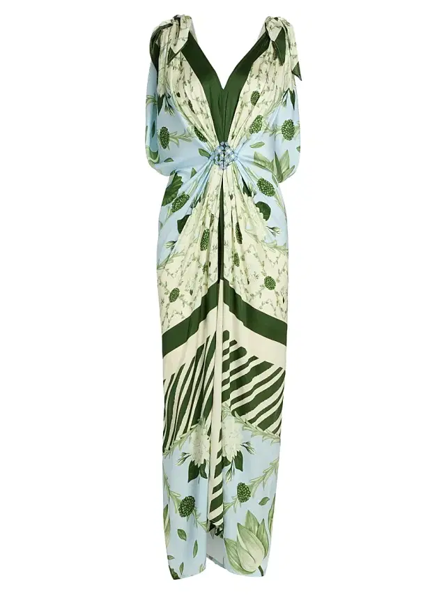 Verandah Women's Ammama Hand Knotted Drape Gown - Ice Blue And Emerald Lotus