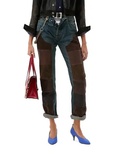 Versace Women's Patchwork Straight-Leg Leather Jeans | Thumbnail 3