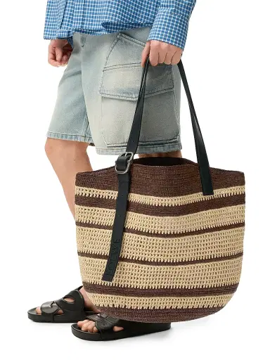 Loewe Men's x Paula's Ibiza Loop Basket Striped Raffia Tote Bag - Chocolate Natural | Thumbnail 2 Loewe Men's x Paula's Ibiza Loop Basket Striped Raffia Tote Bag - Chocolate Natural | Thumbnail 2