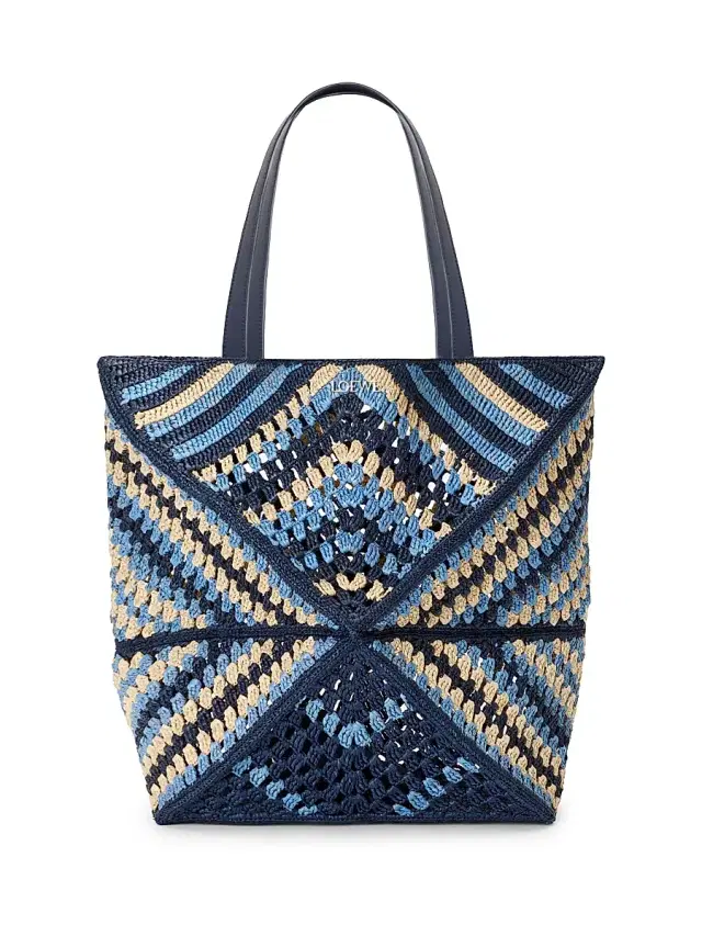 LOEWE Men's  x Paula's Ibiza Puzzle Fold Extra-Large Crochet Tote Bag - Navy Sky Blue