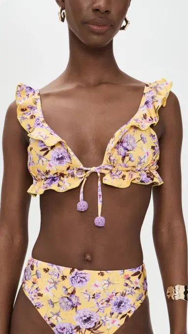 PatBo Peony Print Lycra Ruffle Bikini Top Yellow | Thumbnail 2