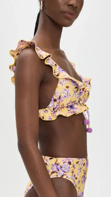 PatBo Peony Print Lycra Ruffle Bikini Top Yellow | Thumbnail 4