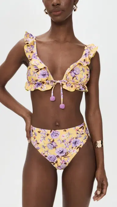 PatBo Peony Print Lycra Ruffle Bikini Top Yellow | Thumbnail 6