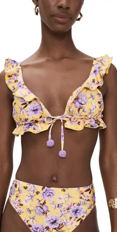 PatBo Peony Print Lycra Ruffle Bikini Top Yellow | Thumbnail 1