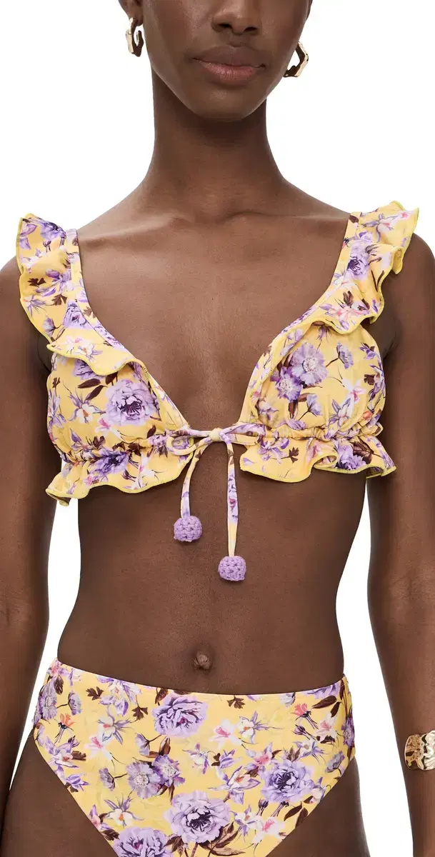 Peony Print ycra Ruffle Bikini Top Yellow