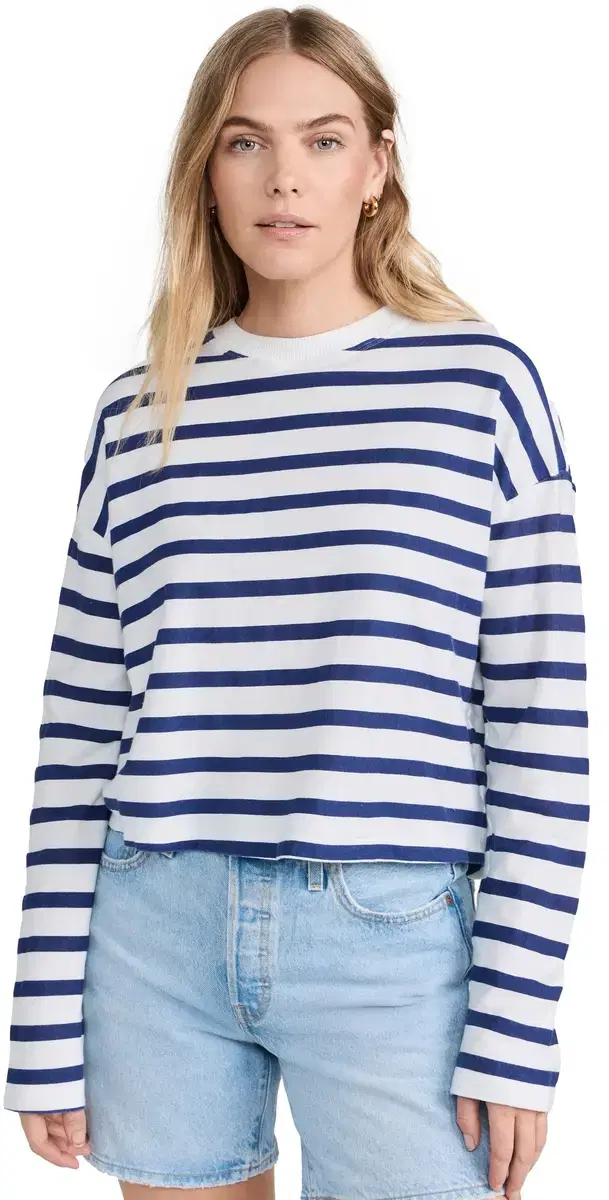 ASKK NY Printed Cropped Long Sleeve Top Thin Navy Stripe