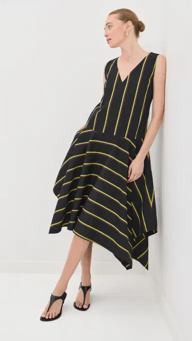 Proenza Schouler Beatriz Dress in Cotton Silk Shirting Black multi 0 | Thumbnail 2