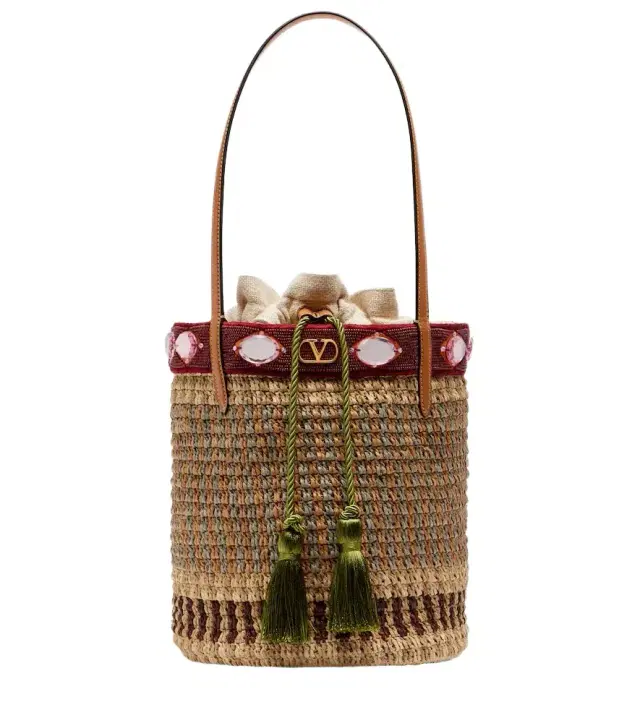 VLogo Large embellished raffia bucket bag