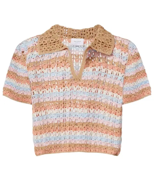 Crochet striped cotton polo shirt