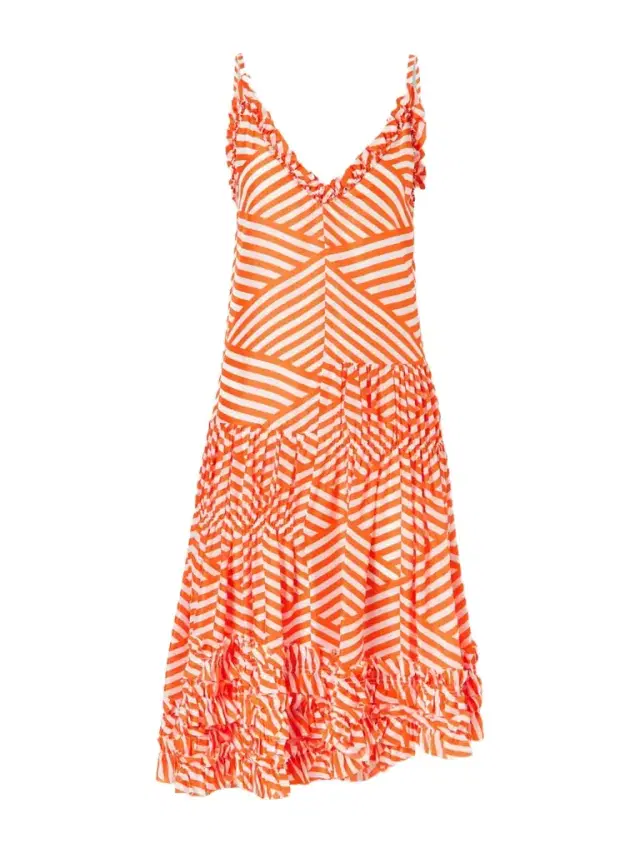 Demi Ruffled Asymmetric Striped Cotton Midi Dress