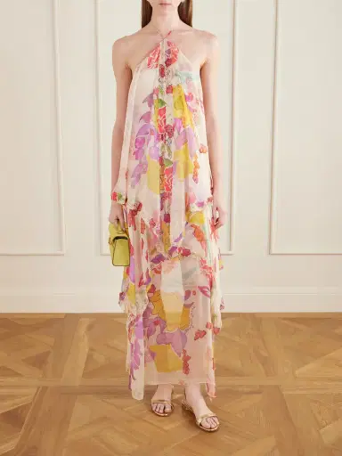 Donde Esteban Flores Ruffled Asymmetric Lace-trimmed Silk-chiffon Halterneck Maxi Dress | Thumbnail 2