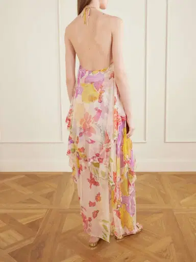 Donde Esteban Flores Ruffled Asymmetric Lace-trimmed Silk-chiffon Halterneck Maxi Dress | Thumbnail 3
