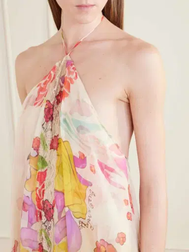 Donde Esteban Flores Ruffled Asymmetric Lace-trimmed Silk-chiffon Halterneck Maxi Dress | Thumbnail 4