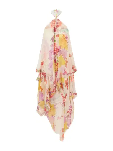 Donde Esteban Flores Ruffled Asymmetric Lace-trimmed Silk-chiffon Halterneck Maxi Dress | Thumbnail 1