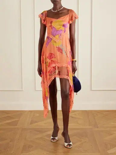 Donde Esteban Guava Flores Ruffled Asymmetric Lace-trimmed Silk-chiffon Midi Dress | Thumbnail 2