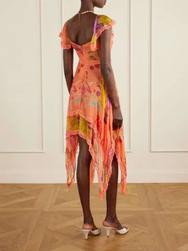 Donde Esteban Guava Flores Ruffled Asymmetric Lace-trimmed Silk-chiffon Midi Dress | Thumbnail 3