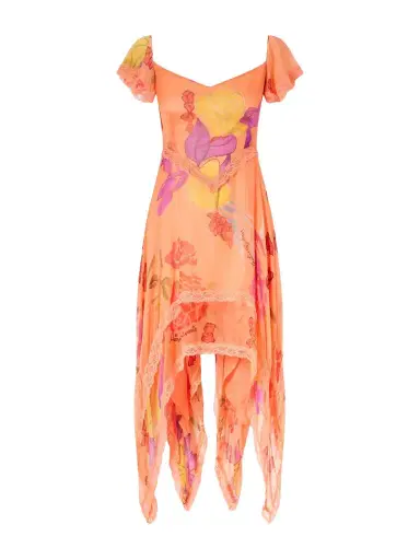 Donde Esteban Guava Flores Ruffled Asymmetric Lace-trimmed Silk-chiffon Midi Dress | Thumbnail 1