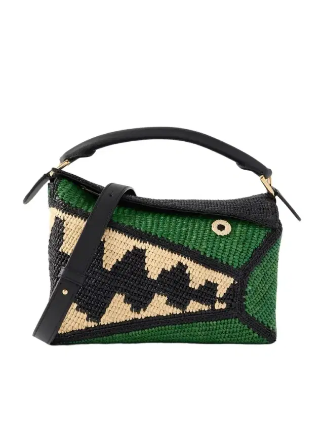 Loewe + Paula's Ibiza Puzzle Edge Crocodile Leather-trimmed Raffia Shoulder Bag