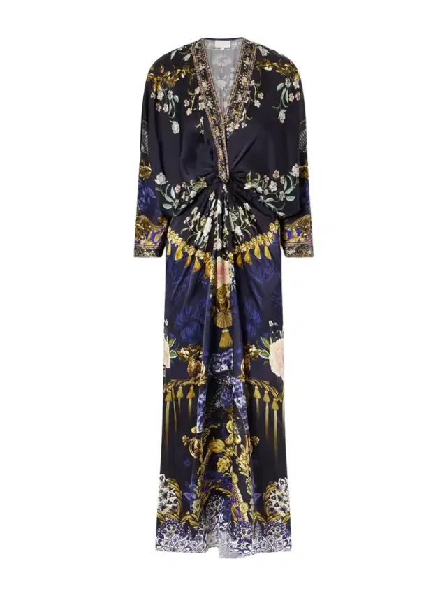 Gathered Embellished Printed Silk Maxi Dress